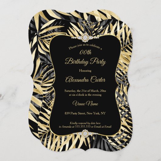 ブラックグレイ金ゴールドパームスダイヤモンドバースデーパーティー 招待状 (正面/裏面)