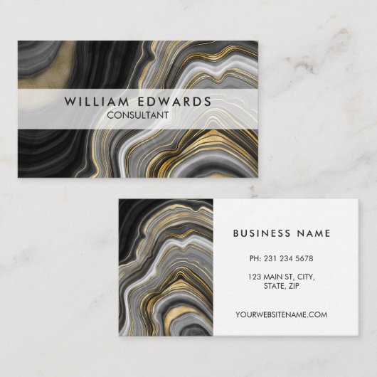 ブラックグレーと金ゴールドマーブルストーン 名刺 (正面/裏面)