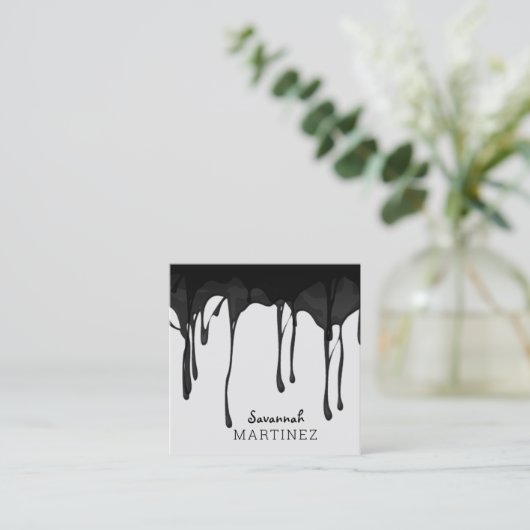 ブラックグレーの滴下抽象芸術シームレス スクエア名刺 (スタンド正面)