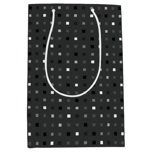 ブラックグレーよくはしゃぐピクセルのシームレスパターン ミディアムペーパーバッグ (正面)