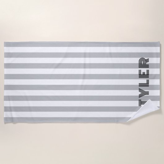 ブラックグレーアンドホワイトクラシックカバナストライプ ビーチタオル (正面)