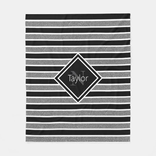 ブラックグレーグリッターストライプズモノグラム名 フリースブランケット (正面)