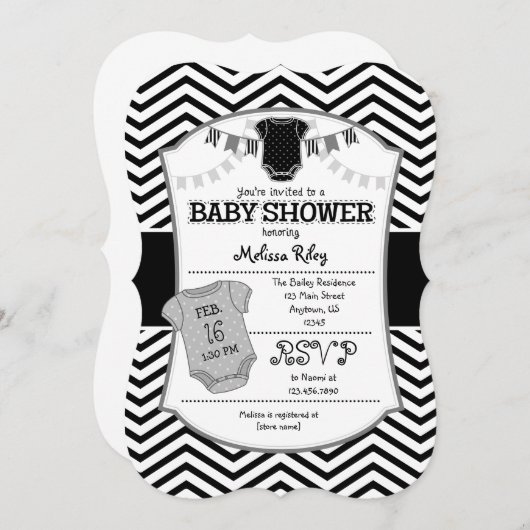 ブラックグレーシェブロンベビーシャワー招待状 招待状 (正面/裏面)