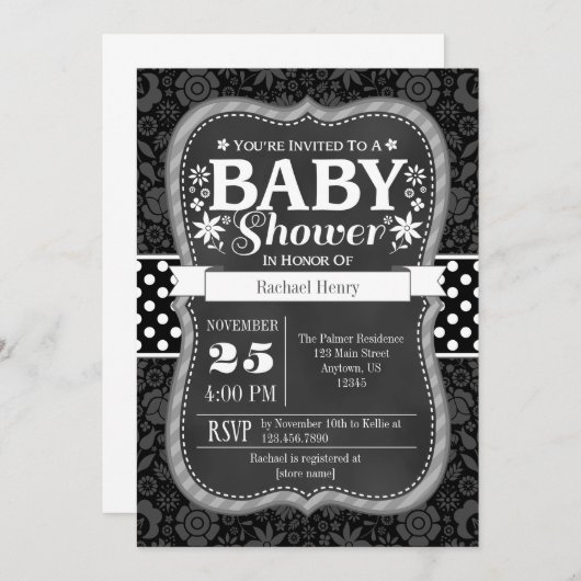 ブラックグレーシャルボードフローラベビーシャワー招待状 招待状 (正面/裏面)