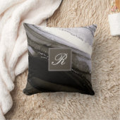 ブラックグレーシルバー大理石かわいらし炭モノグラム クッション (ブランケット)