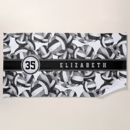 ブラックグレーバレーボールが彼女の名前をカスタムするをパターン ビーチタオル