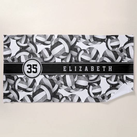 ブラックグレーバレーボールが彼女の名前をカスタムするをパターン ビーチタオル (正面)