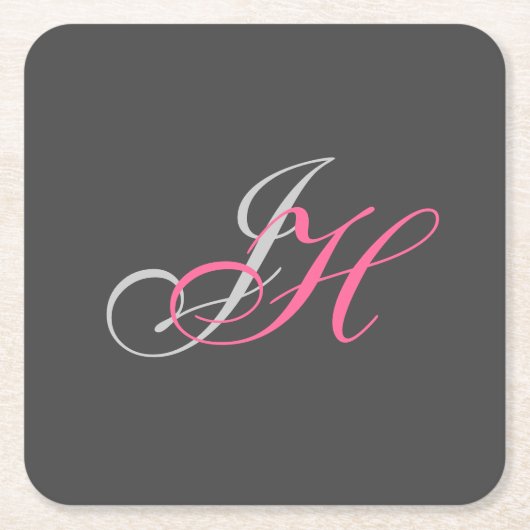 ブラックグレーピンクモノグラムシンプルプレーン スクエアペーパーコースター (正面)