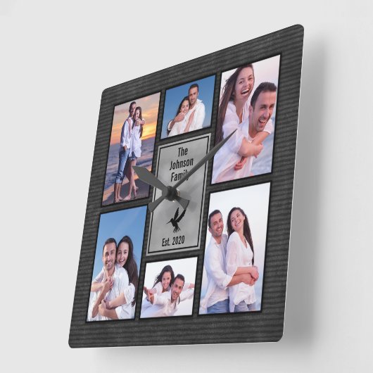 ブラックグレーファミリー6フォトインスタグラムフォトコラージュ スクエア壁時計 (傾斜)