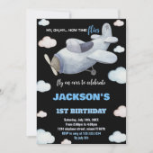 ブラックグレーブルー飛行機誕生日招待状 招待状 (正面)