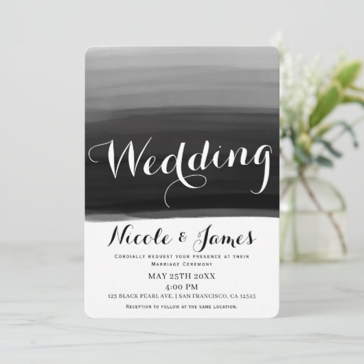 ブラックグレーホワイトウォーターモダンカラーグ結婚ラム 招待状 (スタンド正面)