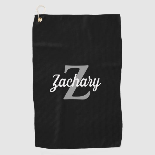 ブラックグレーホワイトモノグラムパーソナライズされた ゴルフタオル (正面)
