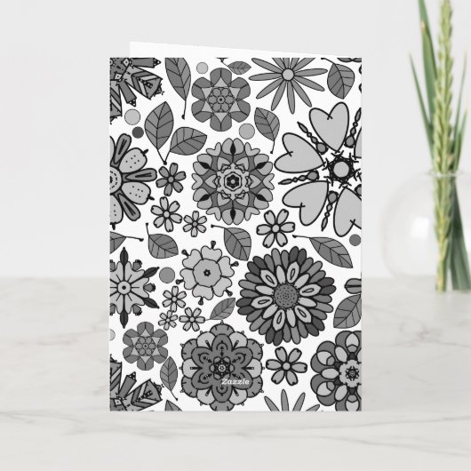 ブラックグレーホワイトレトロフローラアートシームレスパターン カード (裏面)