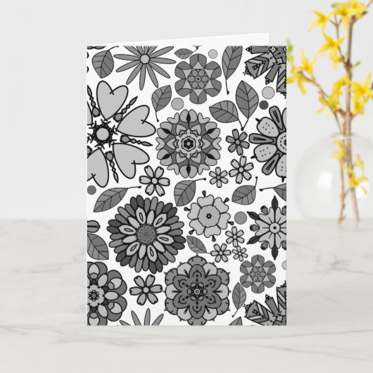 ブラックグレーホワイトレトロフローラアートシームレスパターン カード (黄色い花)