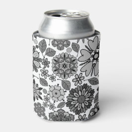 ブラックグレーホワイトレトロフローラアートシームレスパターン 缶クーラー
