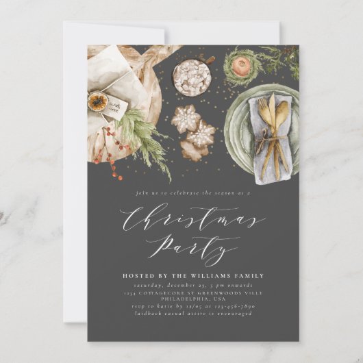 ブラックグレーボーホウォーターカラークリスマスパーティーディナー 招待状 (正面)