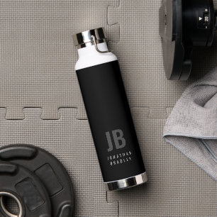 ブラックグレーミニマリスト2文字モノグラム名 ウォーターボトル