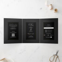 ブラックグレーモダン金ゴールドエレガミニマルントウェディング 三つ折り招待状