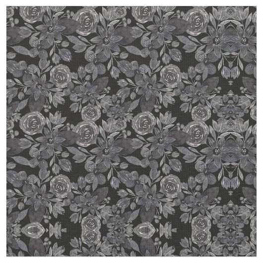 ブラックグレーモノクロ水彩フローラ葉 ファブリック (クローズアップ)