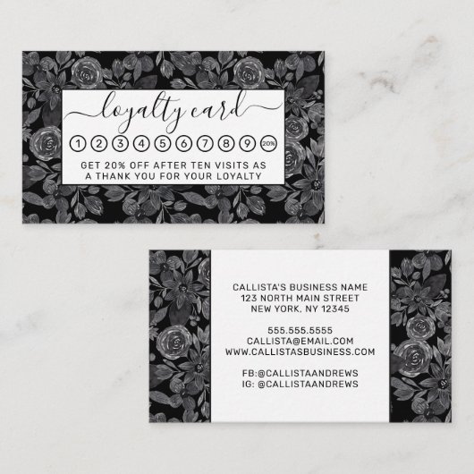 ブラックグレーモノクロ水彩フローラ葉 ロイヤリティカード (正面/裏面)