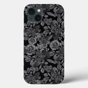 ブラックグレーモノクロ水彩フローラ葉 iPhone 13ケース