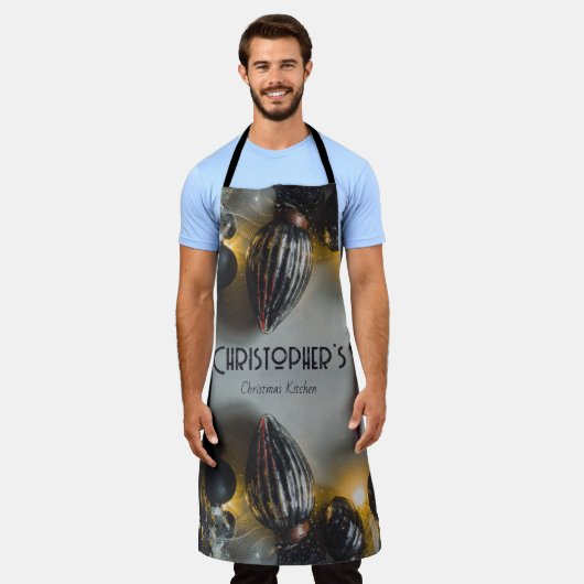 ブラックグレーレトロクリスマスオーナメント エプロン (着用した状態)