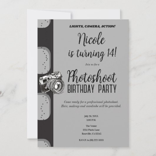 ブラックグレー写真撮影バースデーパーティー 招待状 (正面)