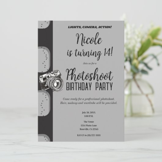 ブラックグレー写真撮影バースデーパーティー 招待状 (スタンド正面)