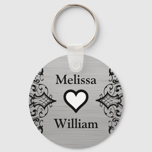 ブラックグレー新郎新婦の名前フローラ結婚ズ キーホルダー (正面)