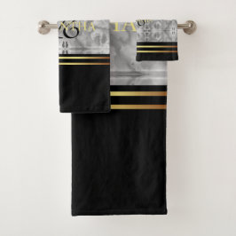 ブラックグレー金ゴールドストライプミニマリスト大理石 バスタオルセット