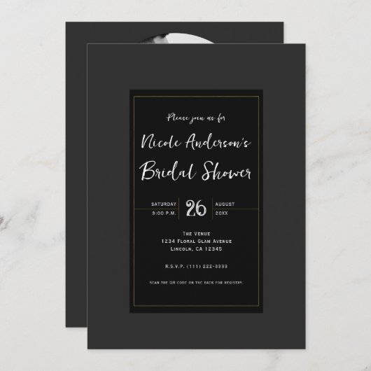 ブラックグレー金ゴールドモダンミニマルブライダルシャワー 招待状 (正面/裏面)