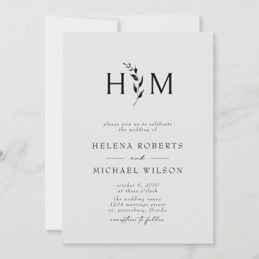 ブラックグレーQRコードRSVPボタニカルモノグラム結婚ズ 招待状 (正面)