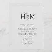 ブラックグレーQRコードRSVPボタニカルモノグラム結婚ズ 招待状 (正面/裏面)