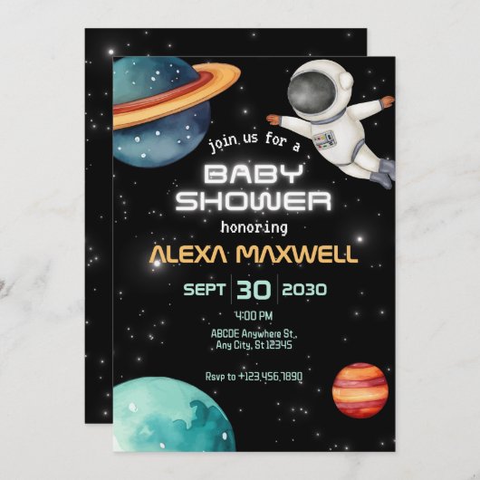 ブラックグロー宇宙惑星宇宙飛行士の赤ちゃんシャワー 招待状 (正面/裏面)