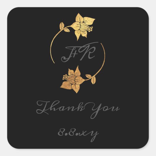 ブラックグ感謝していレイモノグラム金ゴールド救フラワー日付 スクエアシール (正面)