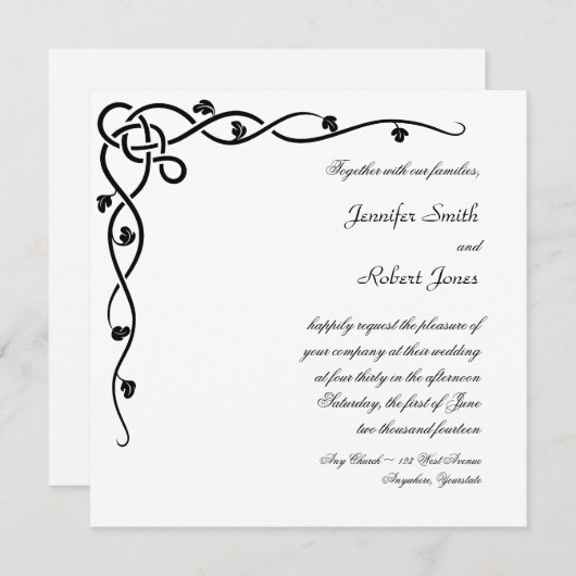 ブラックケルト結び目模様コーナーつる植物結婚式招待状 招待状 (正面/裏面)