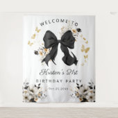 ブラックコケエレガントットボウワイルドフラワーズ誕生日 タペストリー (正面)