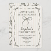 ブラックコケットボウベージュストライプのバースデーパーティー 招待状 (正面/裏面)