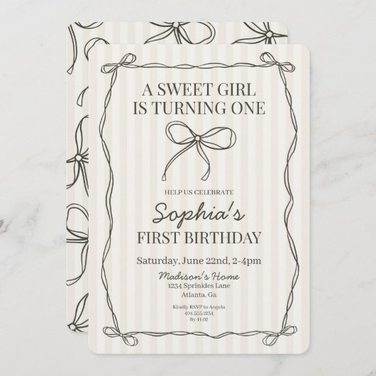 ブラックコケットボウベージュストライプのバースデーパーティー 招待状 (正面/裏面)