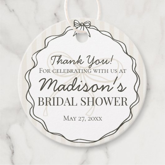 ブラックコケットボウベージュストライプのブライダルシャワー フェイバータグ (正面)