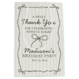 ブラックコケットボウベージュストライプの誕生日の恩恵 ミディアムペーパーバッグ