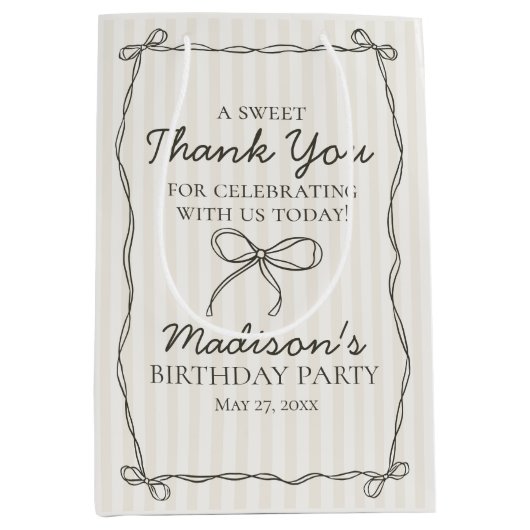 ブラックコケットボウベージュストライプの誕生日の恩恵 ミディアムペーパーバッグ (正面)