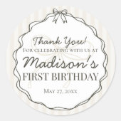 ブラックコケットボウベージュストライプの誕生日の恩恵 ラウンドシール (正面)