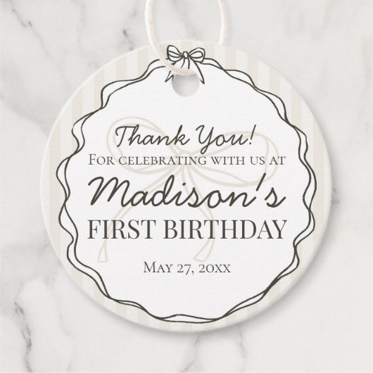 ブラックコケットボウベージュストライプの誕生日 フェイバータグ (正面)