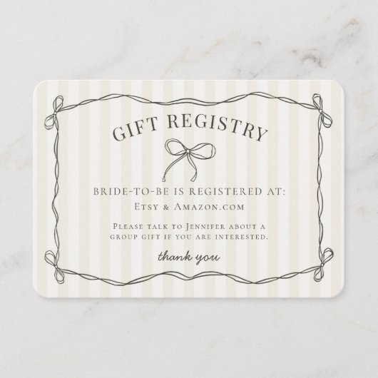 ブラックコケットボウベージュブライダルシャワーレジストリ エンクロージャーカード (正面)