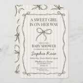 ブラックコケットボウベージュベビストライプのーシャワー 招待状 (正面/裏面)