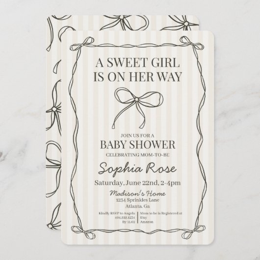 ブラックコケットボウベージュベビストライプのーシャワー 招待状 (正面/裏面)