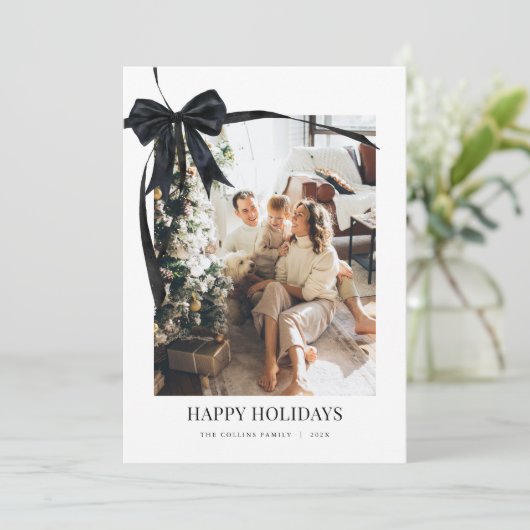 ブラックコケットボウホリデーフォトクリスマスカード シーズンカード (スタンド正面)