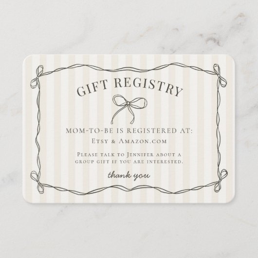 ブラックコケット弓ベージュベビーシャワーレジストリ エンクロージャーカード (正面)