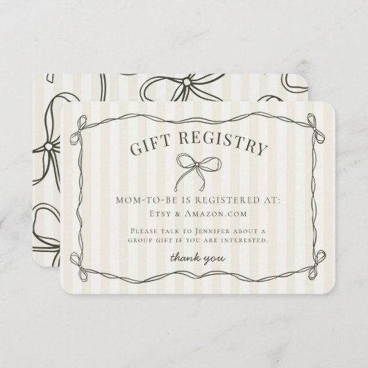 ブラックコケット弓ベージュベビーシャワーレジストリ エンクロージャーカード (正面/裏面)